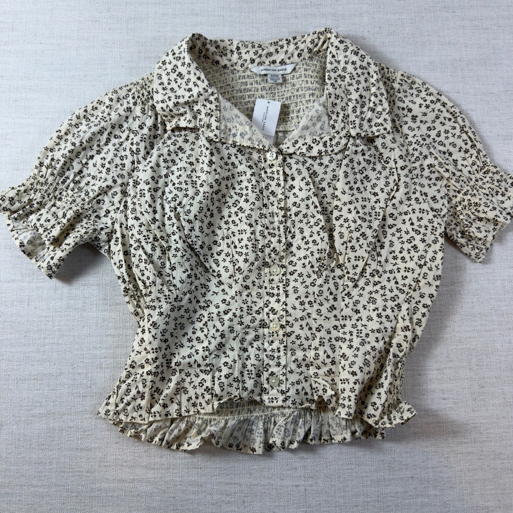 American Eagle Cream Brown Floral Smocked Button Down Ruffle Top Small NWT
